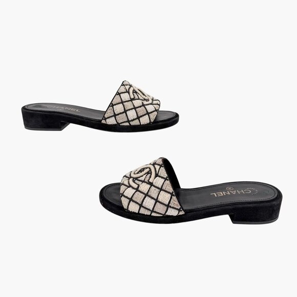 Chanel Embroidered Pearl CC Slide Mule Sandals Black White Size 39.5 US 8.5-9 - Picture 8 of 15